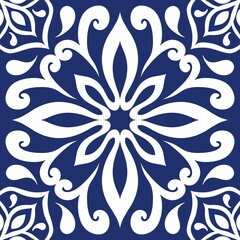 Seamless pattern azulejo tiles indigo and white