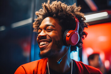Happy millennial african american man listening to favorite audio music