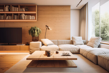 Modern living room with sofa, coffee table and bookshelf