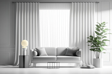 Interior design of a modern room with drapes, a sofa, pillows, frames, and a plant. Generative AI