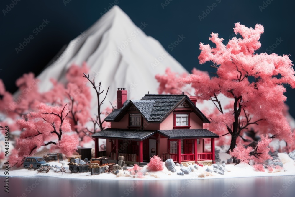 Poster a model of a house with a mountain in the background. generative ai image.