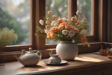 vase of flowers and teapot on table in modern interiorvase of flowers and teapot on table in modern interiorstill life with flowers and teapot on a table