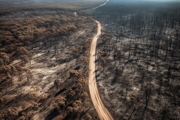burnt trees and road in the australian bushland, taken from an aerial drone camera on march 20, 2020