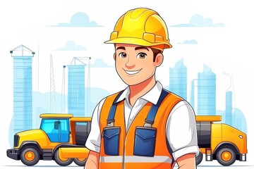 Obraz na płótnie Canvas engineer in uniform and vest with crossed arms on background of cartoon character illustrationengineer in uniform and vest with crossed arms on background of cartoon character illustrationhappy smilin