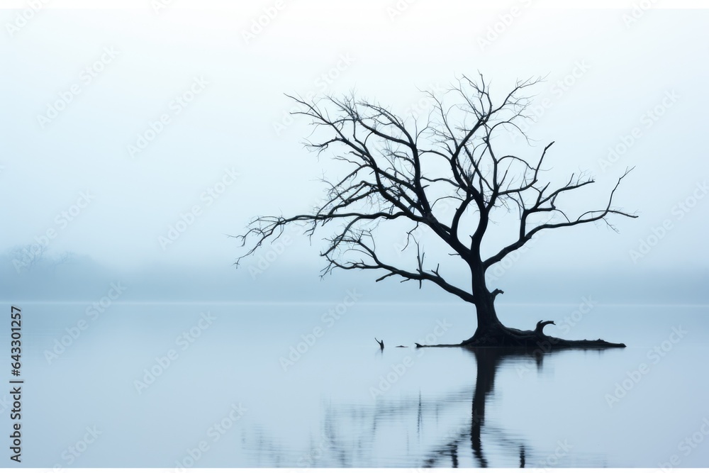 Poster a lone tree sitting in the middle of a lake. generative ai image.
