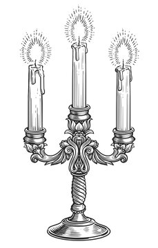 Vintage candelabra with three burning candles in engraving style. Hand drawn candlestick sketch illustration