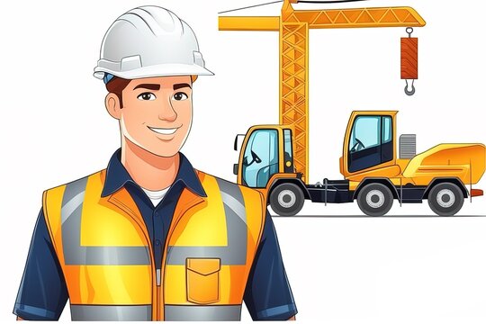illustration of construction worker with crane and truckillustration of construction worker with crane and truckconstruction worker with helmet and tools cartoon