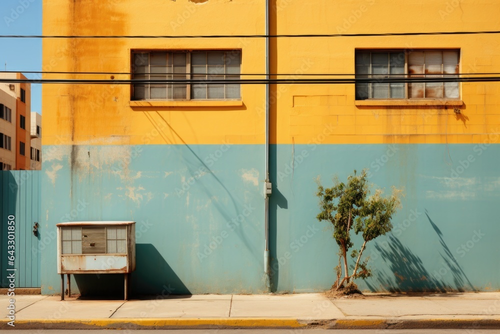 Poster a yellow and blue building with a small tree in front of it. generative ai image.