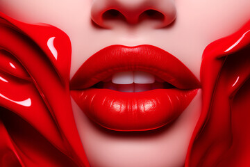 Woman's vivid red lips with flowing red waves framing her face.