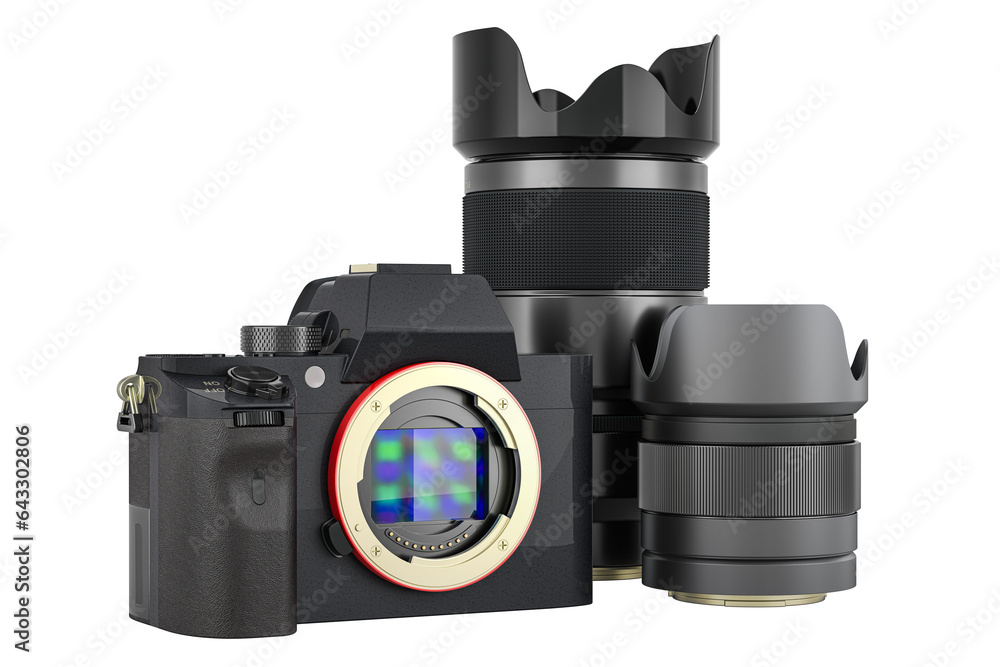 Poster digital camera body with photo lens, 3d rendering isolated on transparent background