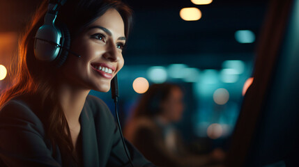 Female call center worker smiling and working answering the call providing service with courtesy and attention. 