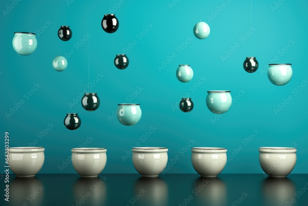 Poster a group of bowls sitting on top of a table. generative ai image.