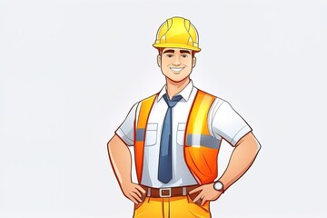cartoon worker in a helmet and vest with arms crossedcartoon worker in a helmet and vest with arms crossedcartoon happy man engineer in uniform with helmet and smiling. vector flat design of illustrat