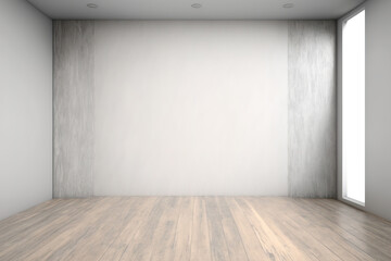 Empty room mockup with concrete wall and wood laminate floor. Generative AI