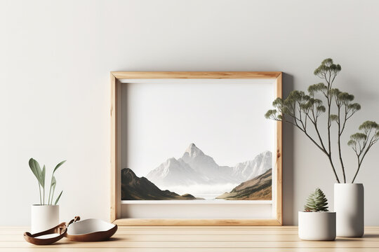 slender wooden frame with a landscape on a white wall. wooden horizontal frame illustration. Generative AI