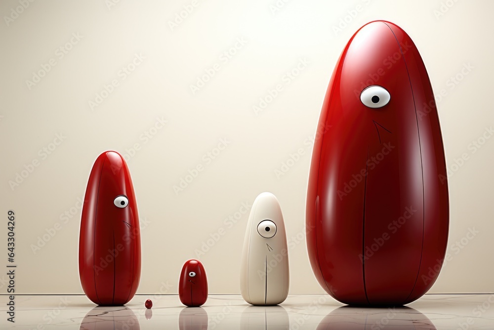Poster a group of red and white objects with eyes. generative ai image.