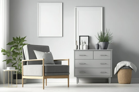 Light living room with grey armchair, chest, and blank frames. Generative AI