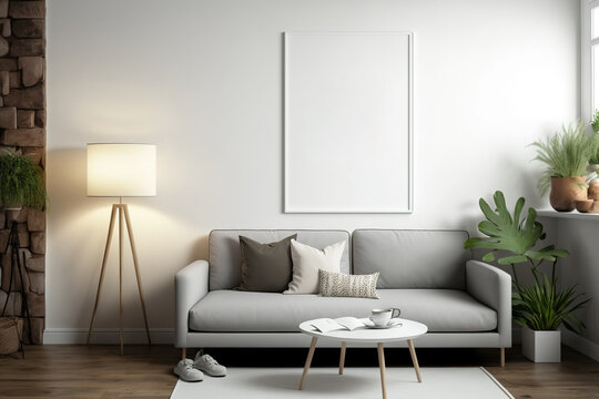 Mockup poster in living room, natural colors background, illustration. Generative AI