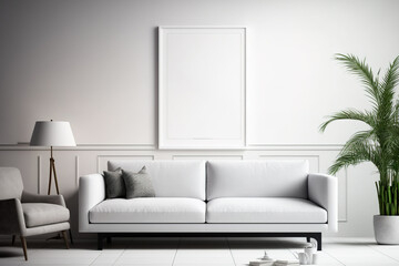 minimalist interior poster White living room wall with modern sofa and accessories. Copy space. Generative AI