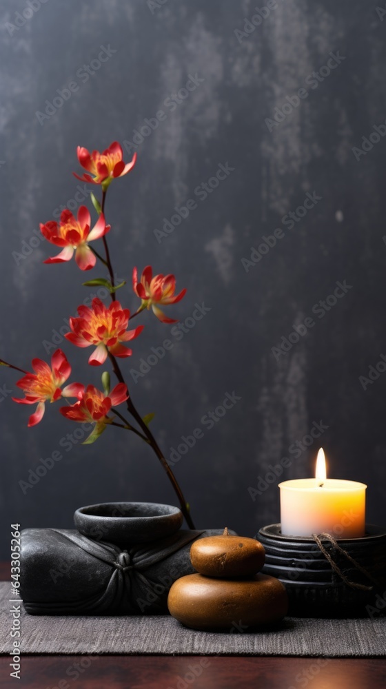 Poster a vase with a candle and some rocks on a table. generative ai image.