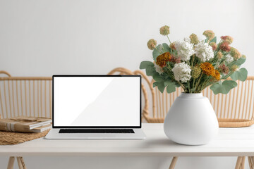 Portable laptop white screen mockup with bread basket and flower vase on wooden table in cozy minimalist living room. haze. Illustration. Generative AI