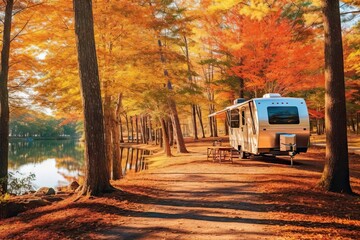 an rv parked on the side of a road next to a body of water surrounded by trees in fall colors