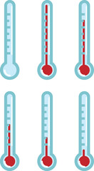A thermometer graphic at different temperatures. Mercury thermometer with six variations.