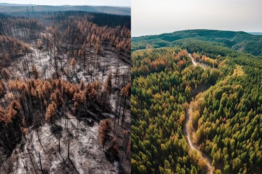 burnt trees in the forest, and an aerial photo of burned trees with no leaves on them is shown here