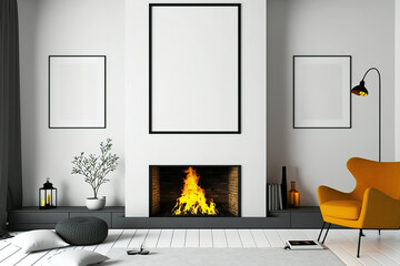 Fireplace living room with blank posters. Generative AI
