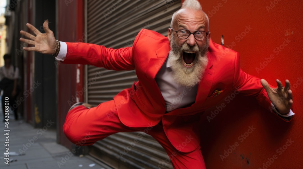 Poster a man in a red suit and a white beard. generative ai image.