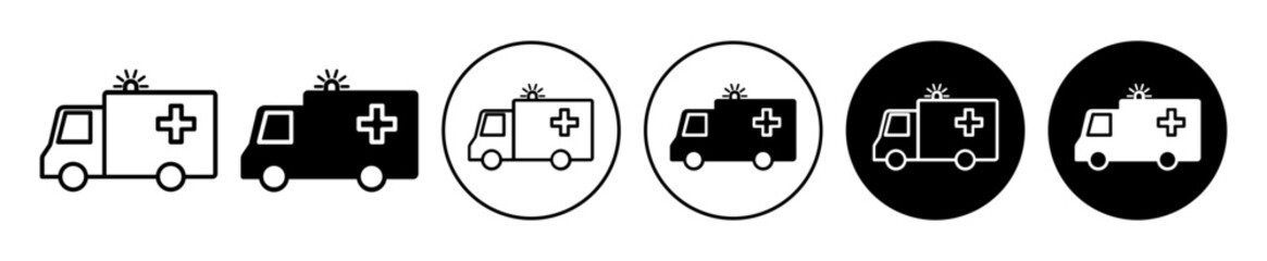 Ambulance icon set. accident emergency ambulance van vector symbol in black filled and outlined style.