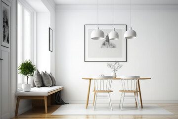 Modern dining area with white walls, wooden floor, table, chairs, and seat. Sideview. mockup. Generative AI