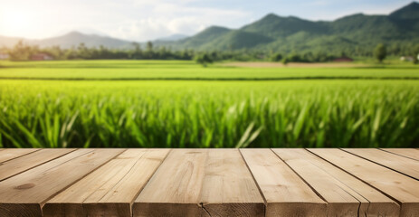 Empty wood table and blurred rice field and mountain landscape at morning. Empty wooden table with rice field and sunshine. for display or montage your products, digital ai	
