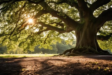 A majestic oak with a thick robust trunk and powerful roots piercing the earth Sunbeams break through the leaves - Powered by Adobe