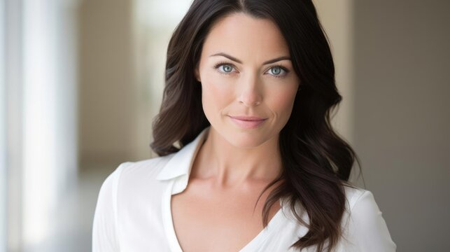 A portrait of a modern woman business assistant in a casual dress looking naturally with blue eyes and dark hair