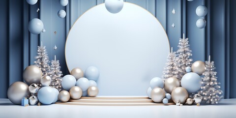 Fototapeta na wymiar Merry Christmas event product display podium with Xmas decoration background.