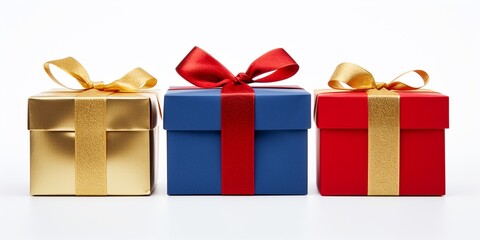 Three gift boxes decorated with ribbons isolated on white, Christmas present idea and resources concept.
