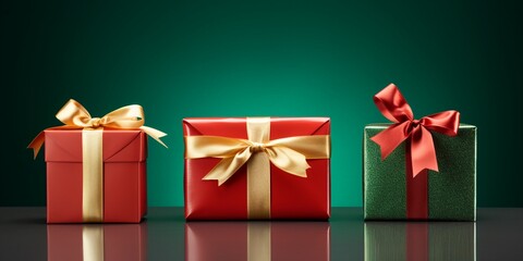 Obraz premium Red and green gift boxes decorated with golden ribbon in a row isolated on dark glowing background with copy space, presents for Christmas and New year.
