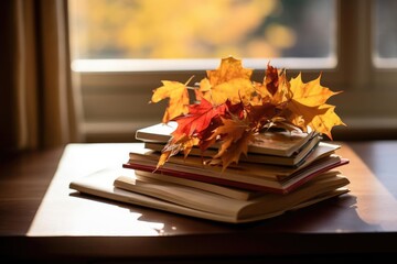 Autumn books with pages marked by autumn leaves - Powered by Adobe