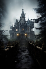 Fototapeta na wymiar Eerie Haunted Landscape with Haunted Mansion, Halloween, Generative AI