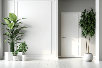 CG interior with decorative plants and a blank wall. Generative AI