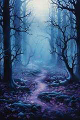 Fototapeta premium Vibrant Watercolor Painting, Eerie Haunted Forest Landscape with Twisted Gnarled Trees, Halloween, Generative AI