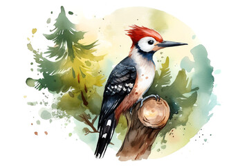 Cute full length happy woodpecker on the tree   - obrazy, fototapety, plakaty