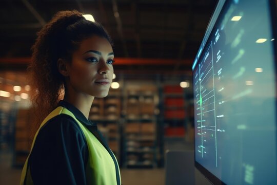 Close up Portrait of a woman at an e-commerce warehouse scanning items for shipping - Powered by Adobe