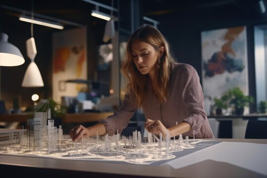 close up Portrait of a woman at an urban architectural studio reviewing 3D cityscape models