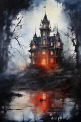 Obraz premium Watercolor Painting Eerie Haunted Landscape with Haunted Mansion, Halloween, Generative AI