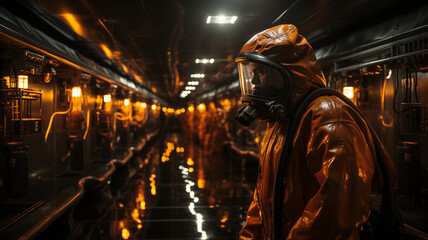Obraz premium Nuclear power plant, men in uniform and masks to protect themselves from radiation