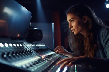 Fototapeta na wymiar Close up Portrait of a woman in a sound recording studio adjusting audio levels on a mixing console