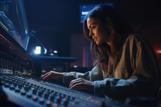 Close up Portrait of a woman in a sound recording studio adjusting audio levels on a mixing console