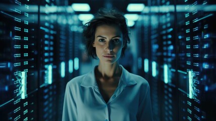 Close up Portrait of a woman in an ultramodern high tech server farm monitoring data streams